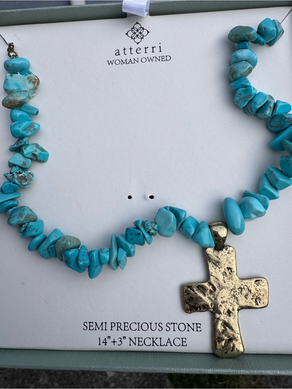 NWT Atterri Turquoise Chip Stone Cross Pendant Necklace Boho Beach Coastal